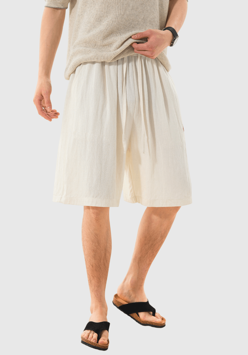 日系基礎輕便透氣細圖案刺繡 麻質垂感短褲 [SBST-1151]