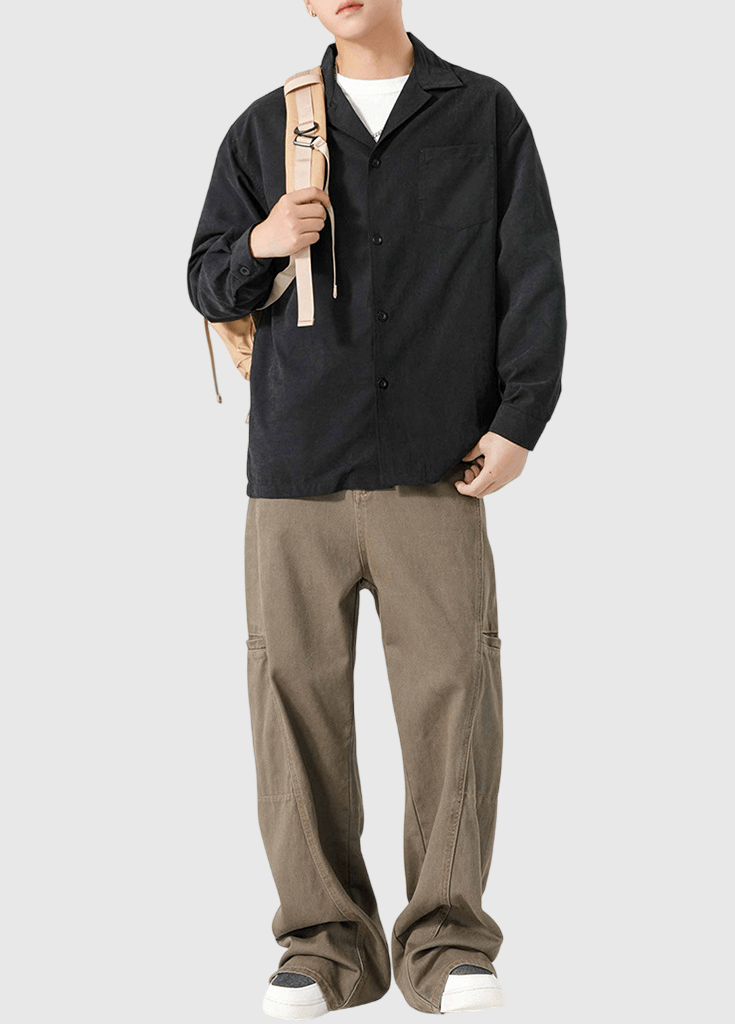 復古基礎大領口前袋設計 透氣垂感長袖恤衫 [SBS-1373]