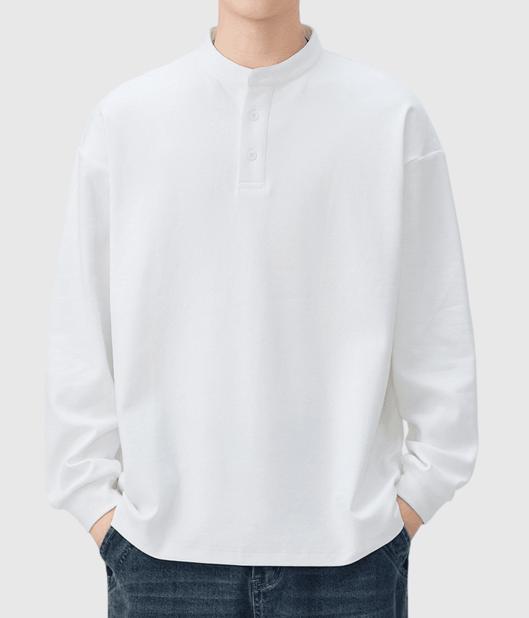 復古半開襟鈕扣 亨利領純棉長袖 T-Shirt [SBT-1451]