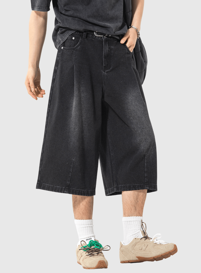 復古基礎洗水立體褶皺設計 闊腳七分牛仔短褲 [SBST-1148]