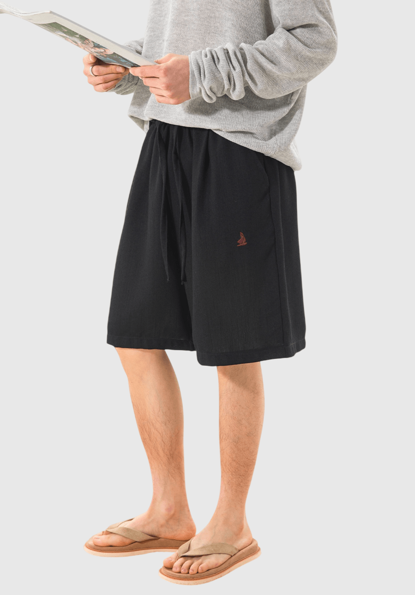 日系基礎輕便透氣細圖案刺繡 麻質垂感短褲 [SBST-1151]