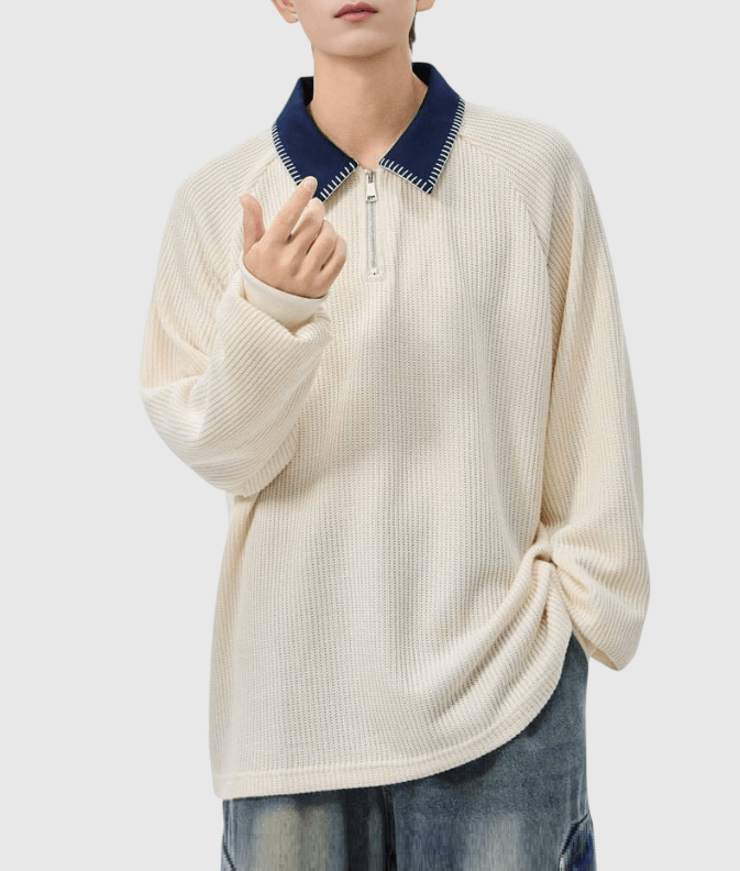 日系領口撞色縫線設計 半拉鍊長袖 POLO T-Shirt [SBT-1473]