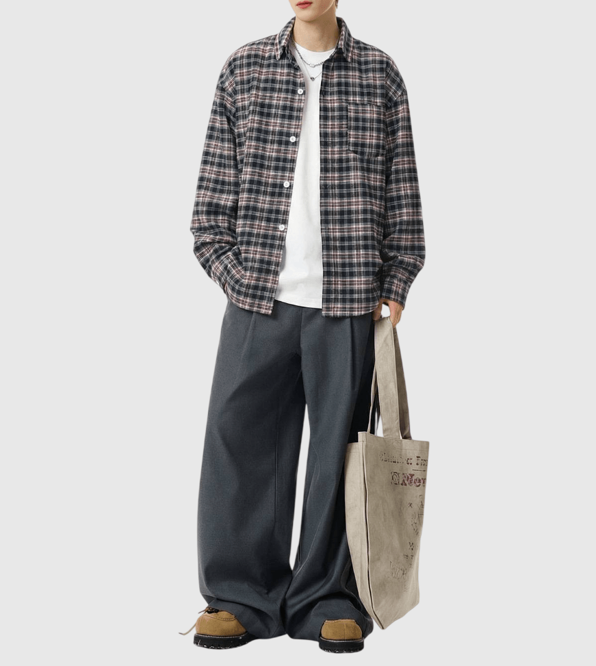 復古基礎色系撞色格仔紋理工藝 長袖恤衫 [SBS-1376]