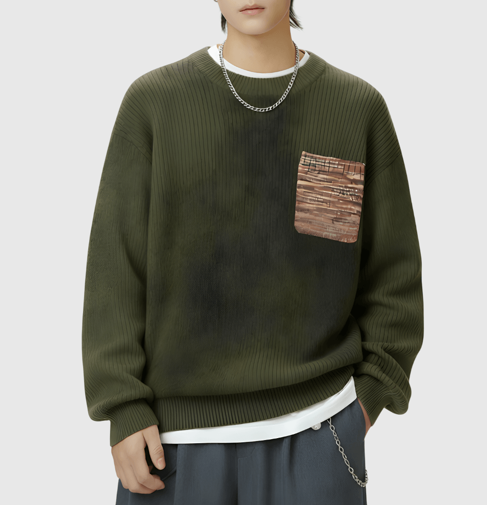 日系前袋混色縫紉 圓領針織毛衣 [SBK-1137]