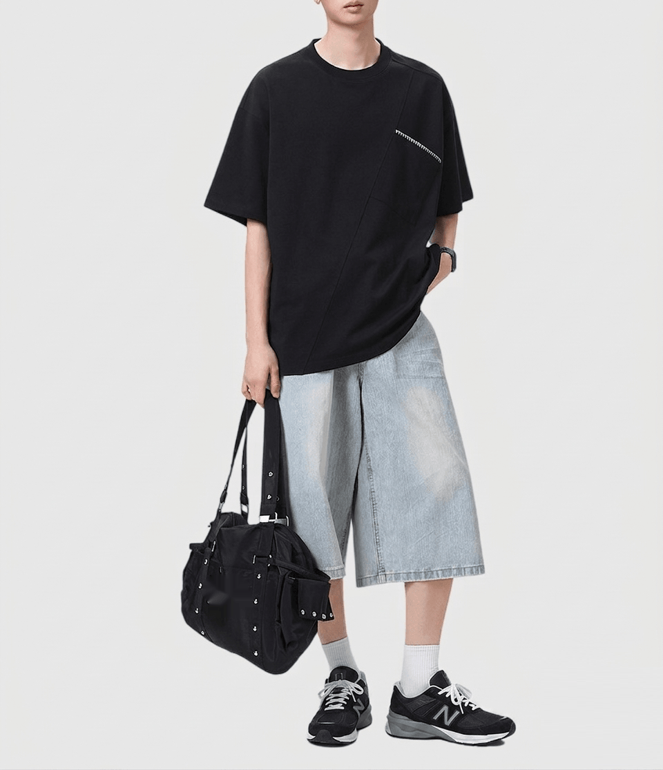 斜前袋手工縫線設計 純棉短袖 T-Shirt [SBT-1574]
