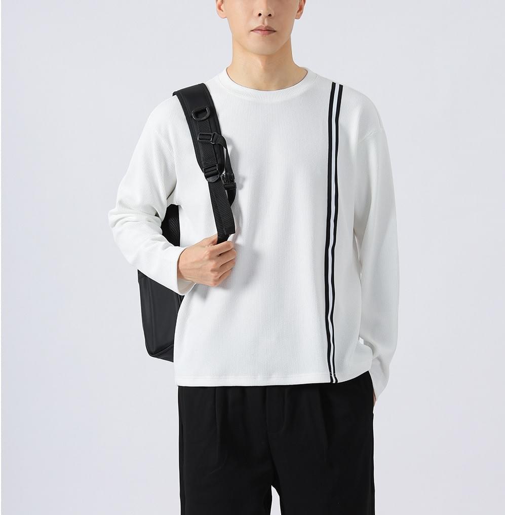 日系側身撞色縫線條紋 肌理紋理長袖 T-Shirt [CBT-1223]