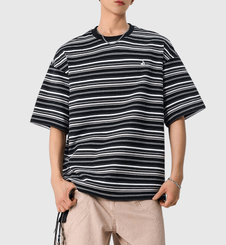 復古多色系條紋撞色燈塔小刺繡 短袖 T-Shirt [SBT-1483]