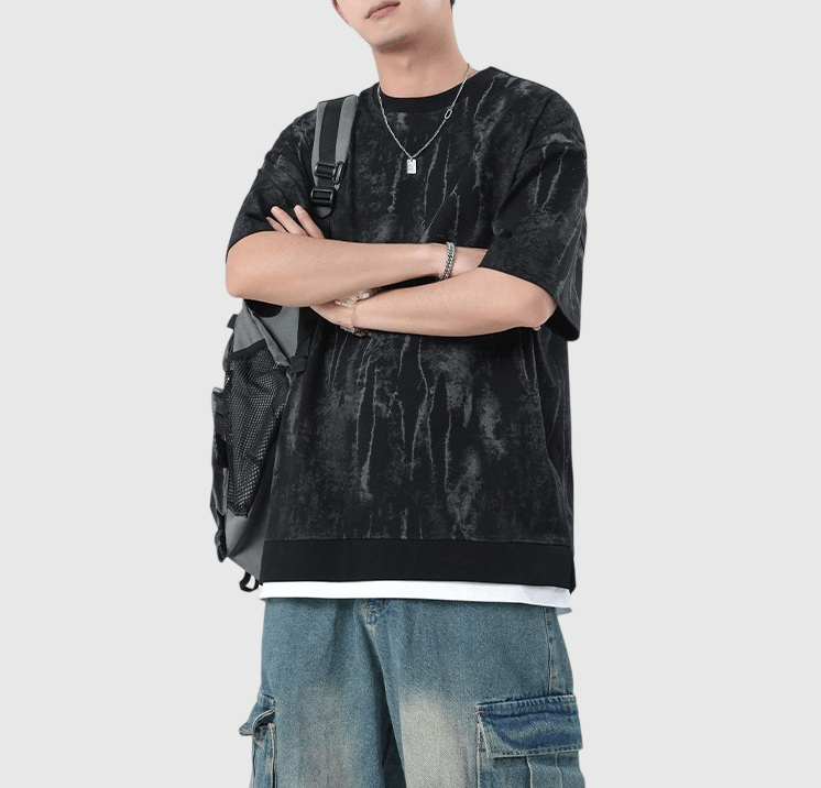 假兩件式重工水洗紋理紮染 短袖 T-Shirt [SBT-1579]