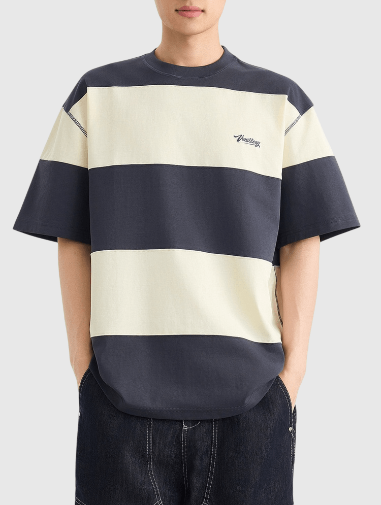 復古闊條紋文字印燙 短袖 T-Shirt [CBT-1571]