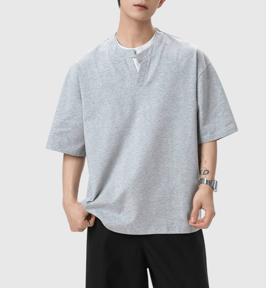 日系層次假兩件式領帶設計 V 領 純棉短袖 T-Shirt [SBT-1524]