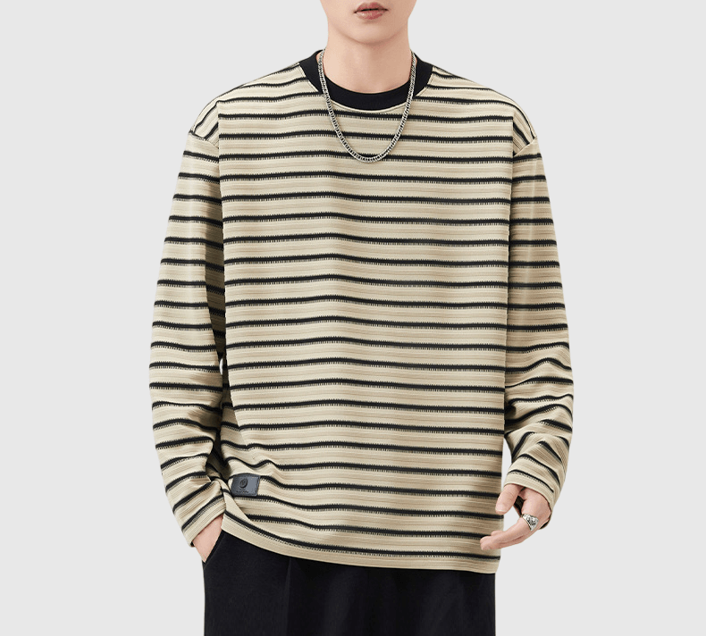復古橫間條紋撞色立體編織 長袖 T-Shirt [SBT-1455]