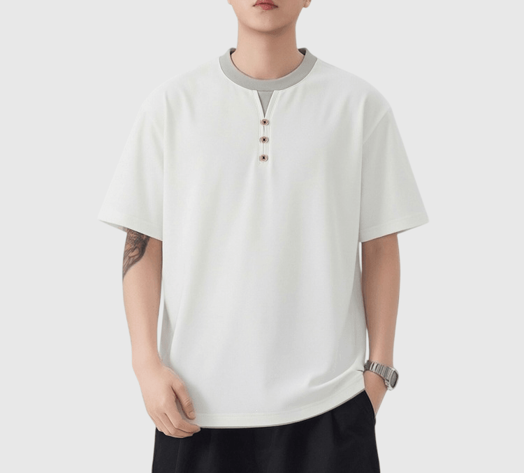 復古色系層次假兩件式鈕扣設計 短袖 T-Shirt [SBT-1569]