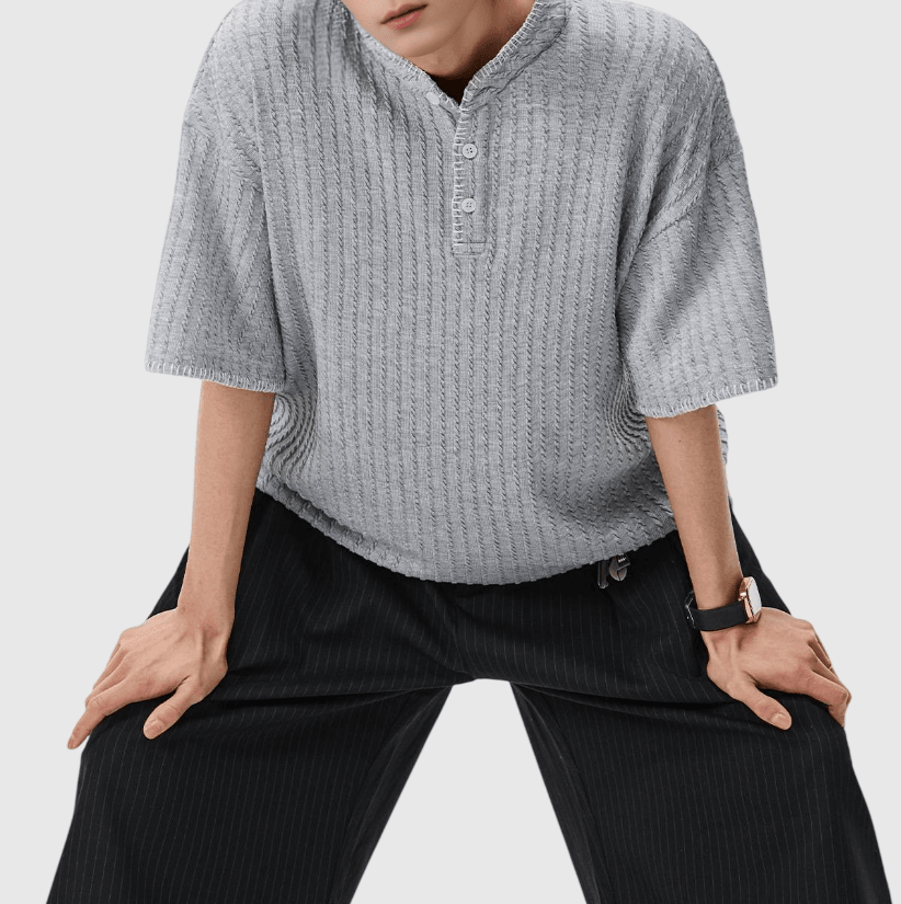 日系領口撞色手工縫線設計 半開領鈕扣短袖 T-Shirt [SBT-1481]