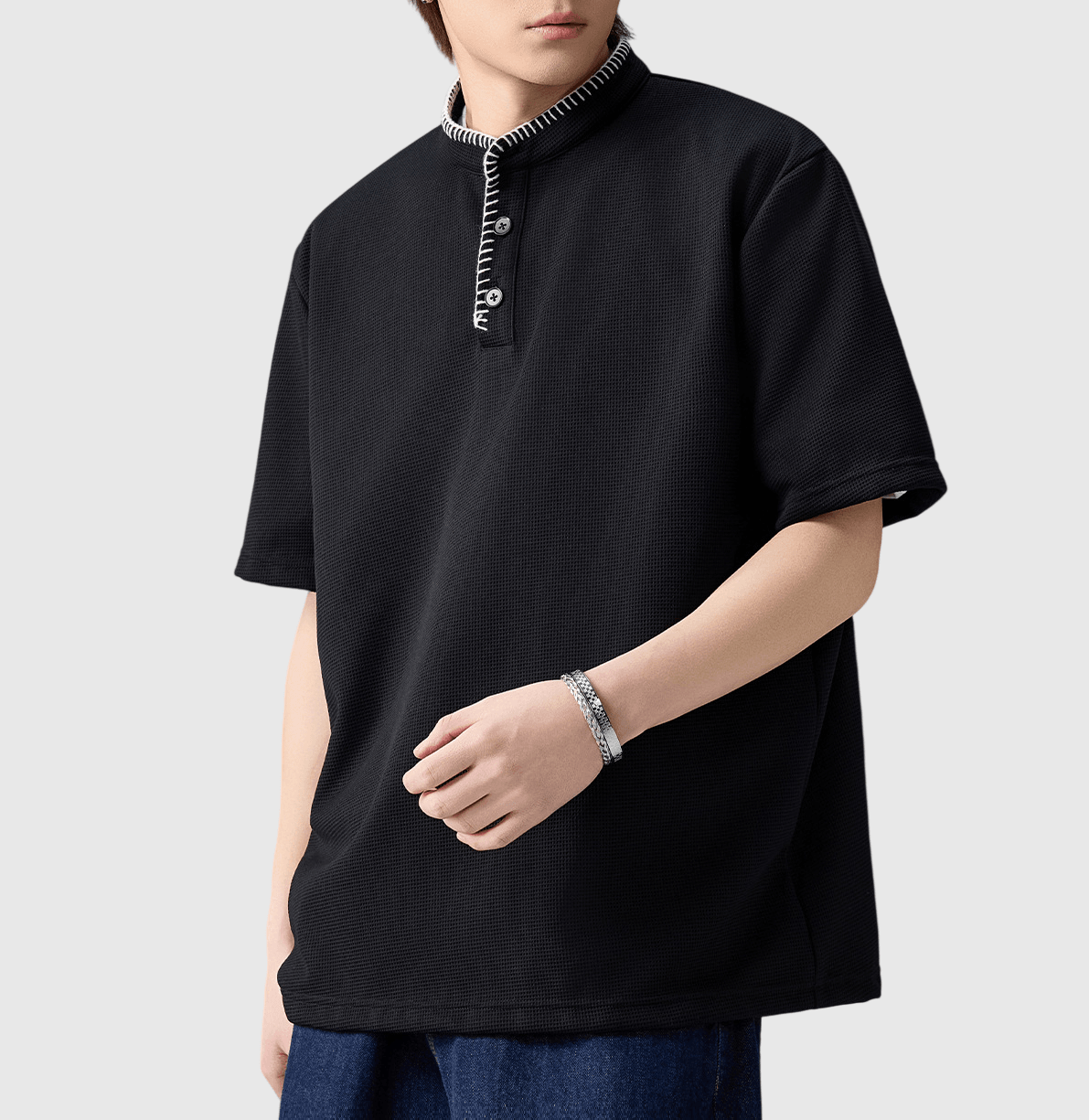 復古領口手工縫線設計 Waffle 半開領鈕扣短袖 T-Shirt [SBT-1566]