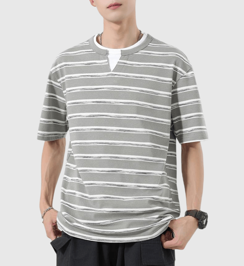 復古層次撞色橫間條紋設計 短袖 T-Shirt [SBT-1495]