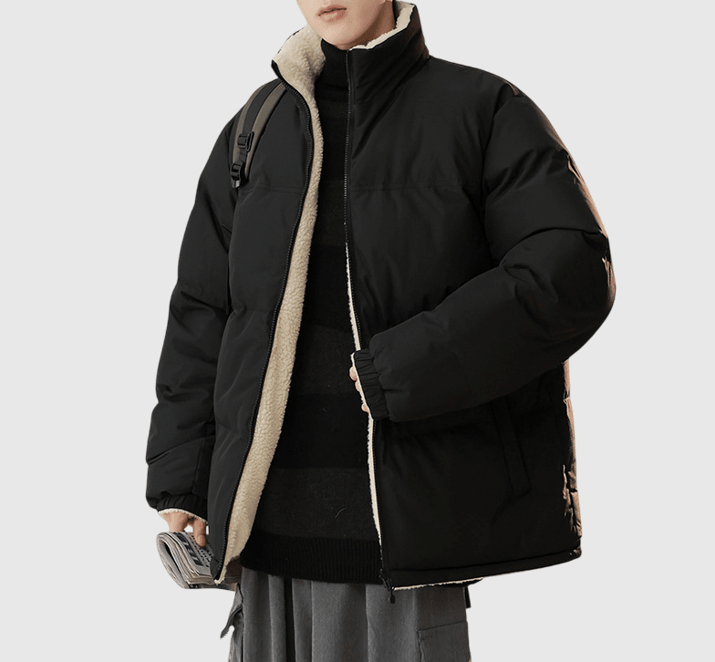 日系拉鍵前袋色系撞色 雙面穿著絨毛粒拼風褸夾棉外套 [SBO-1492]