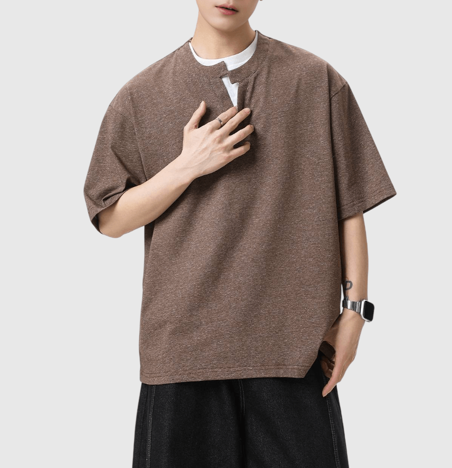 日系層次假兩件式領帶設計 V 領 純棉短袖 T-Shirt [SBT-1524]