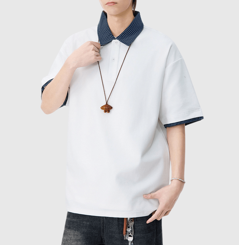 日系格紋假兩件式設計 短袖 POLO T-Shirt [SBT-1504]