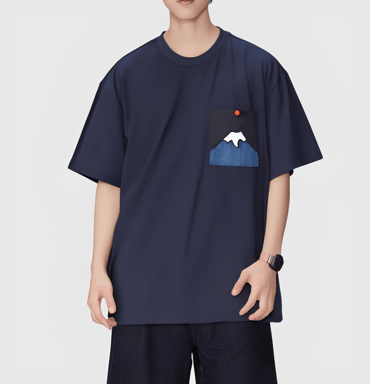 日式前袋富士山刺繡設計 純棉短袖 T-Shirt [SBT-1464]