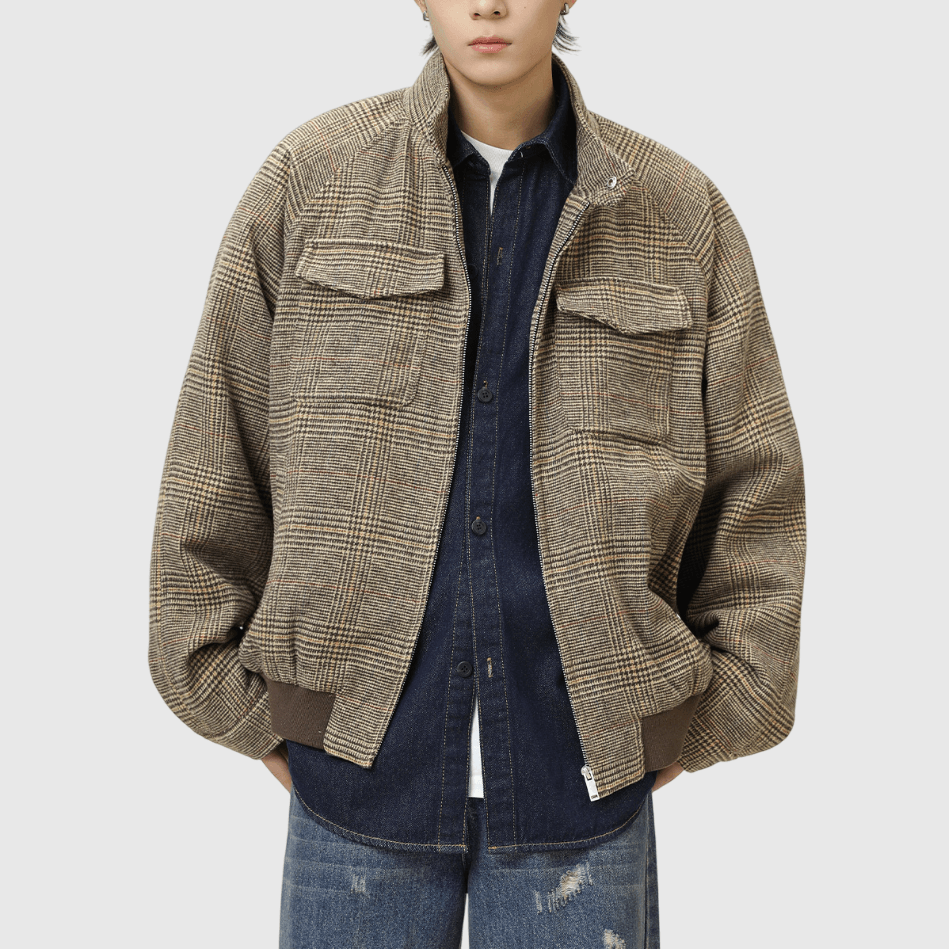 復古雙前袋千鳥格紋紋理 半領長袖外套 [SBO-1408]