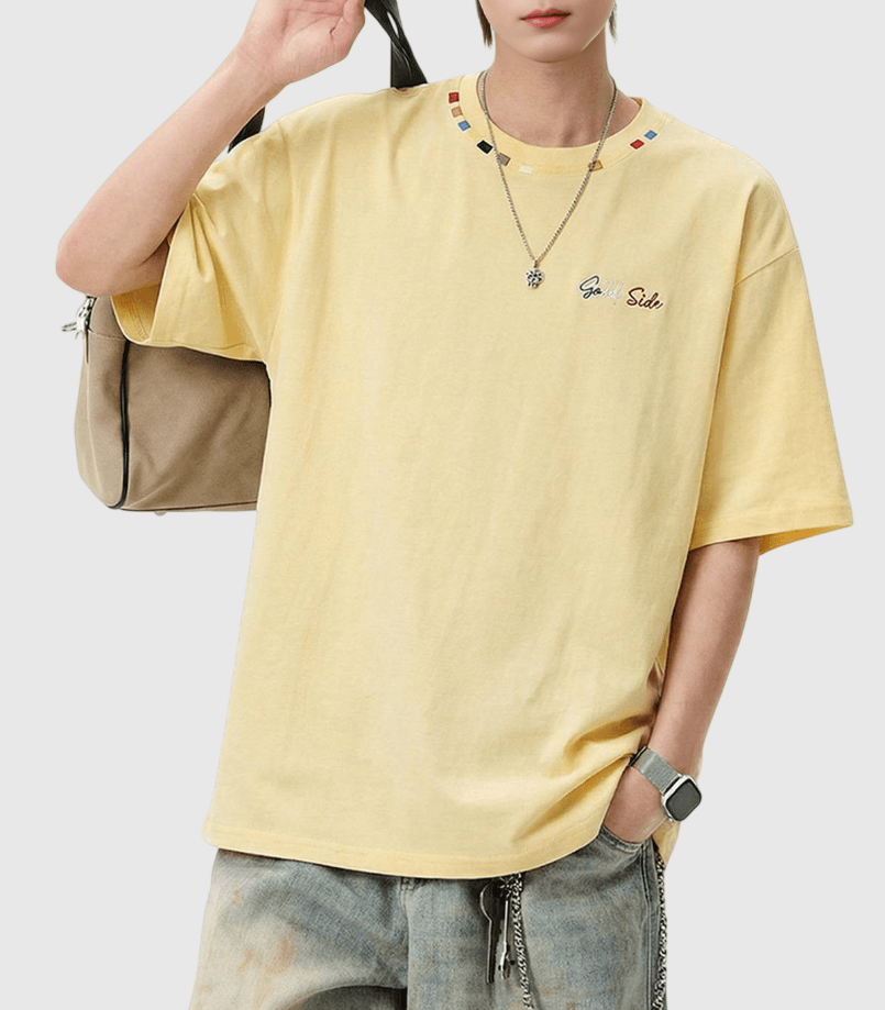 復古領口色彩設計刺繡 純棉短袖 T-Shirt [SBT-1484]