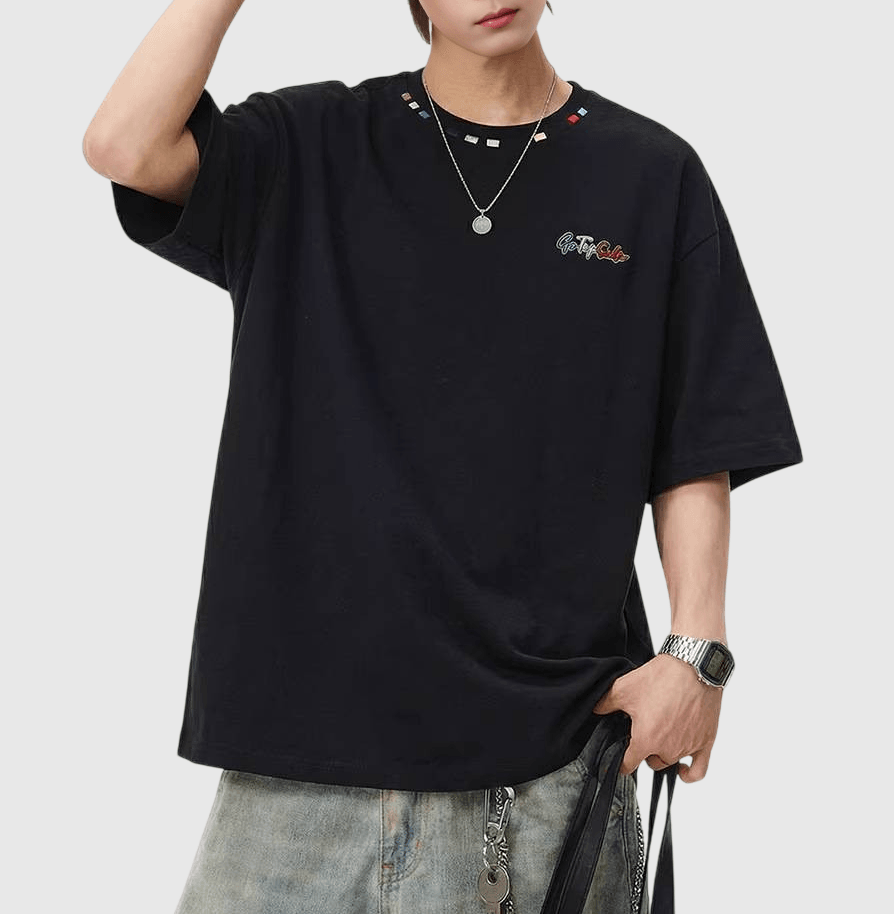 復古領口色彩設計刺繡 純棉短袖 T-Shirt [SBT-1484]