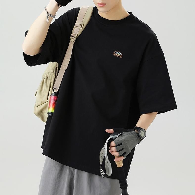 山系撞色細圖案文字刺繡 純棉短袖 T-Shirt [SBT-1328]
