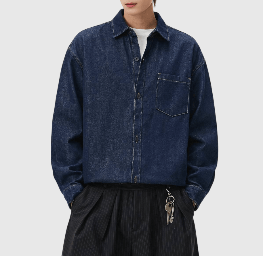 復古基礎前袋原色牛仔 純棉水洗長袖恤衫 [SBS-1346]