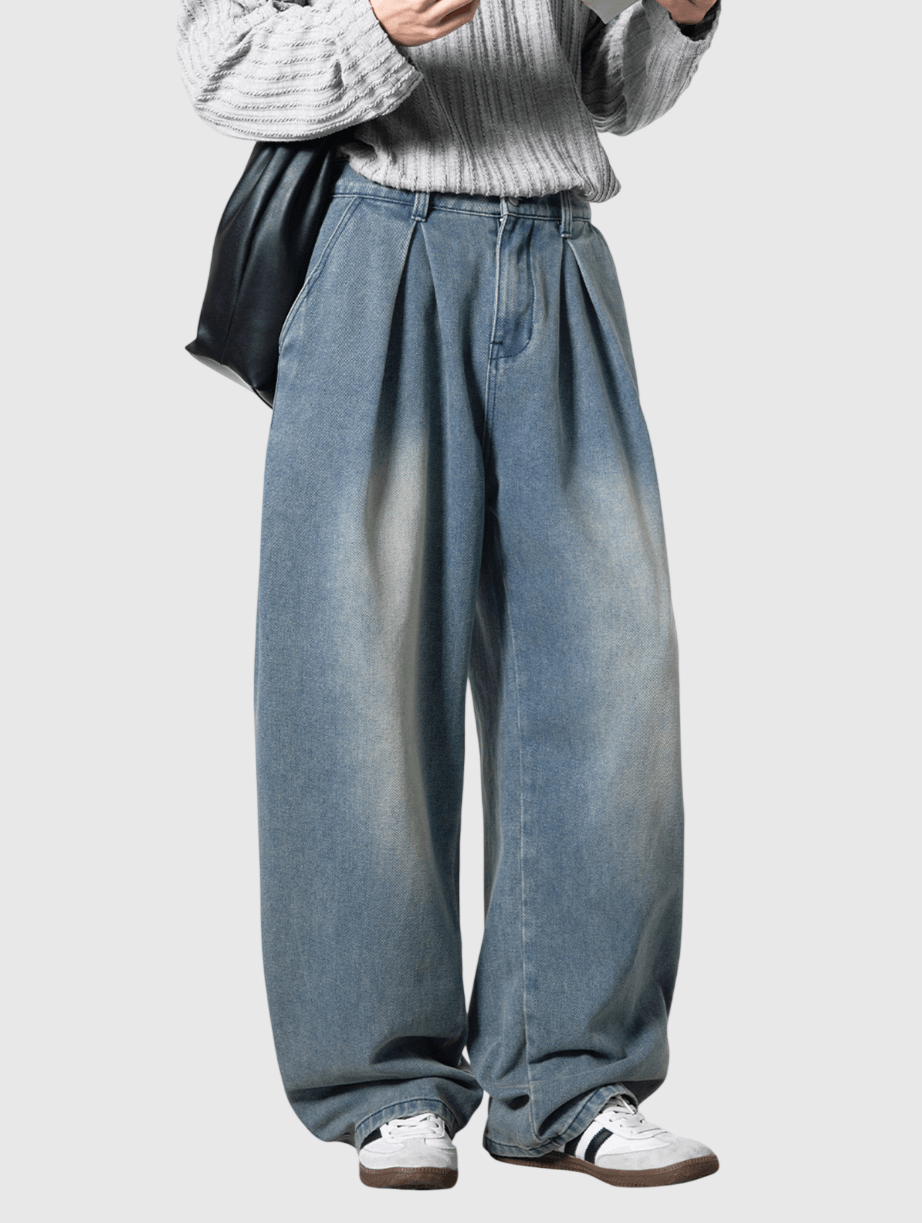 日系基礎洗水立體褶皺設計 闊腳牛仔直筒長褲 [SBP-1194]