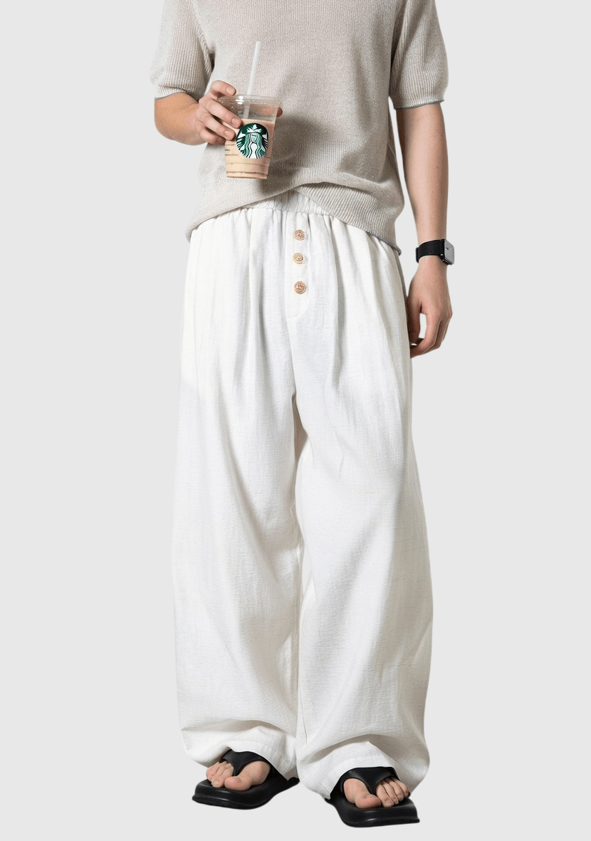 日系文藝門襟木質鈕扣 麻質闊腿直筒垂感長褲 [SBP-1200]