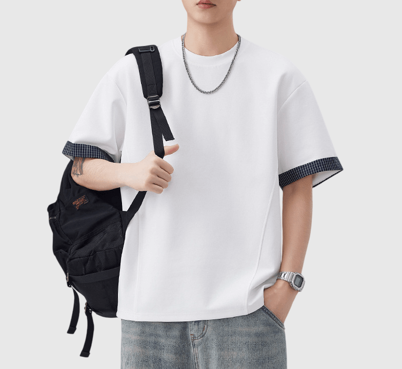 日系格紋假兩件式設計 短袖T-Shirt [SBT-1507]