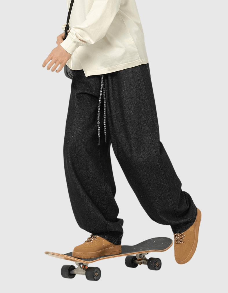 日系簡約拼色鬆緊繩設計 垂感闊腳水洗牛仔褲 [SBP-1139]