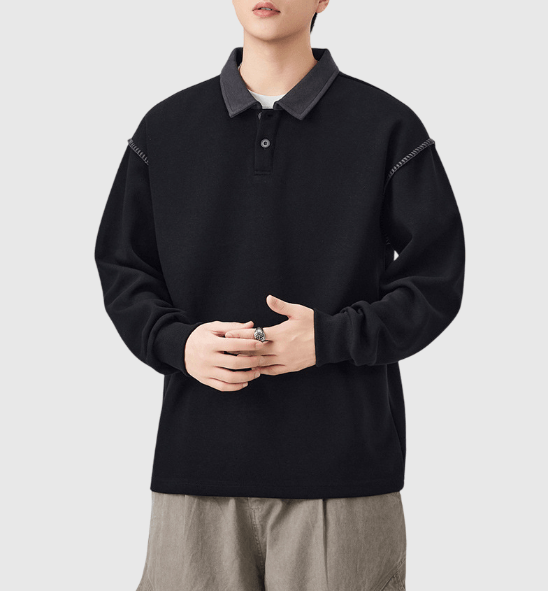 日系領口撞色手袖縫線設計 長袖 POLO T-Shirt [SBT-1469]