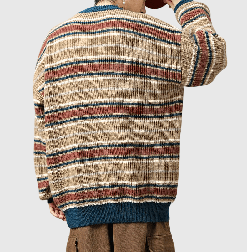 復古撞色條紋粗線針織紋理 重磅圓領毛衣 [SBK-1084]