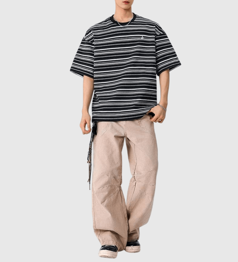 復古多色系條紋撞色燈塔小刺繡 短袖 T-Shirt [SBT-1483]