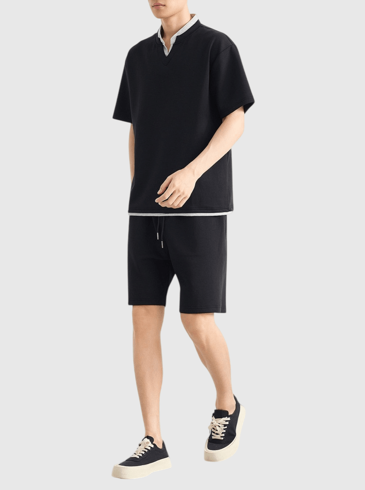 假式兩件結構恤衫條紋拼接 短袖 T-Shirt + 棉衛短褲 兩件套裝 [CBT-1574]