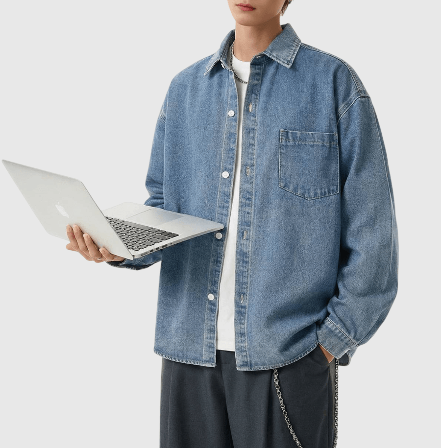 復古基礎前袋原色牛仔 純棉水洗長袖恤衫 [SBS-1346]