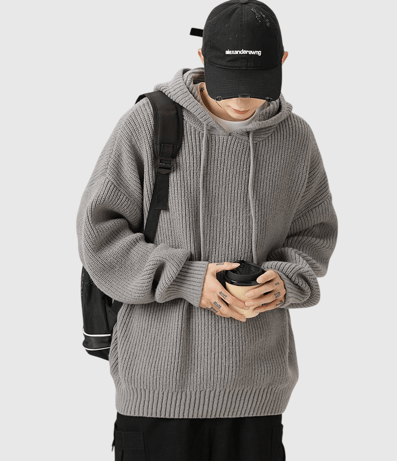 日系基礎粗線針織紋理 針織連帽長袖毛衣 [SBK-1081]