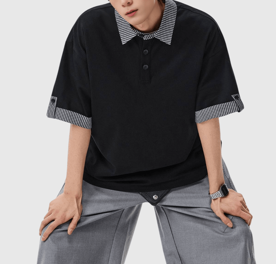 日系假兩件式條紋縫紉設計 短袖 POLO T-Shirt [SBT-1512]