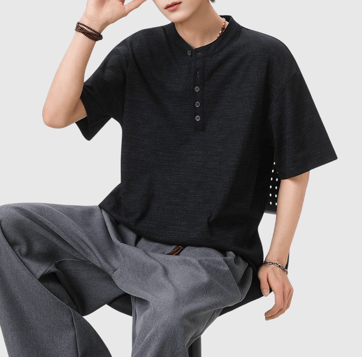 日系混色編織紋理設計 亨利領透氣短袖 T-Shirt [SBT-1552]