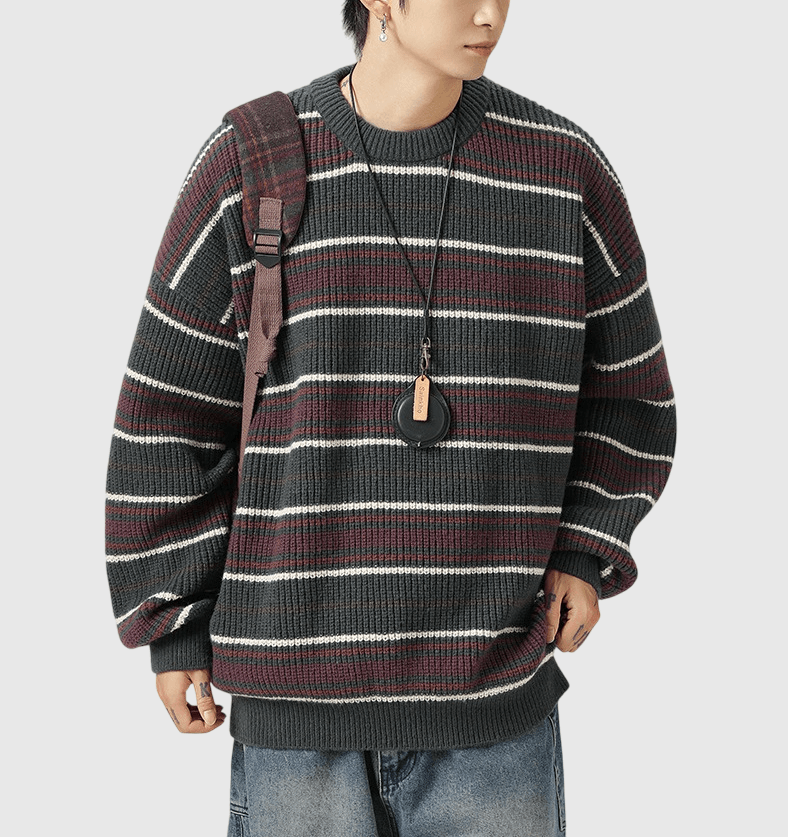 復古撞色條紋粗線針織紋理 重磅圓領毛衣 [SBK-1084]