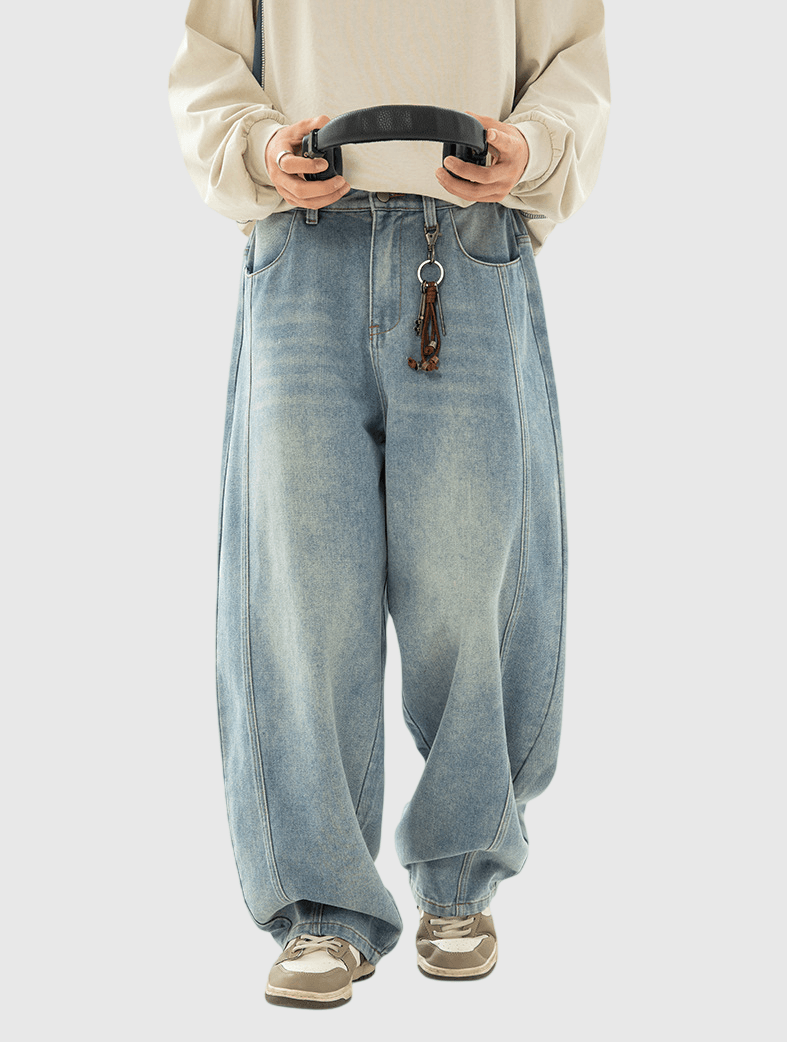 復古洗水立體縫線設計 闊腳牛仔直筒錐形長褲 [SBP-1189]