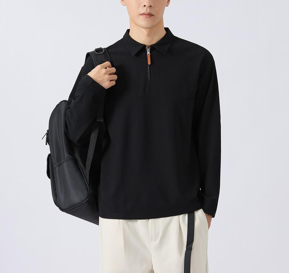 皮革撞色半拉鍊  重磅肌理紋理長袖 POLO T-Shirt [CBT-1119]