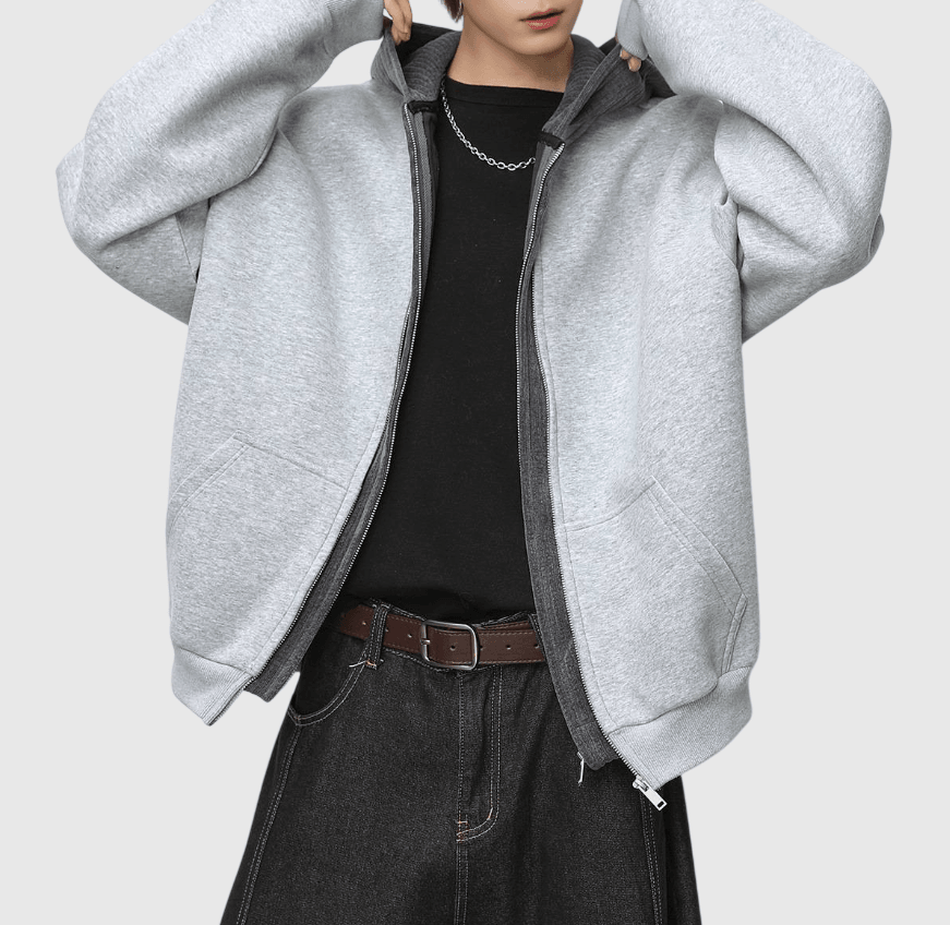 日系雙布料撞色層次假兩件式 長袖衛衣外套 [SBO-1495]