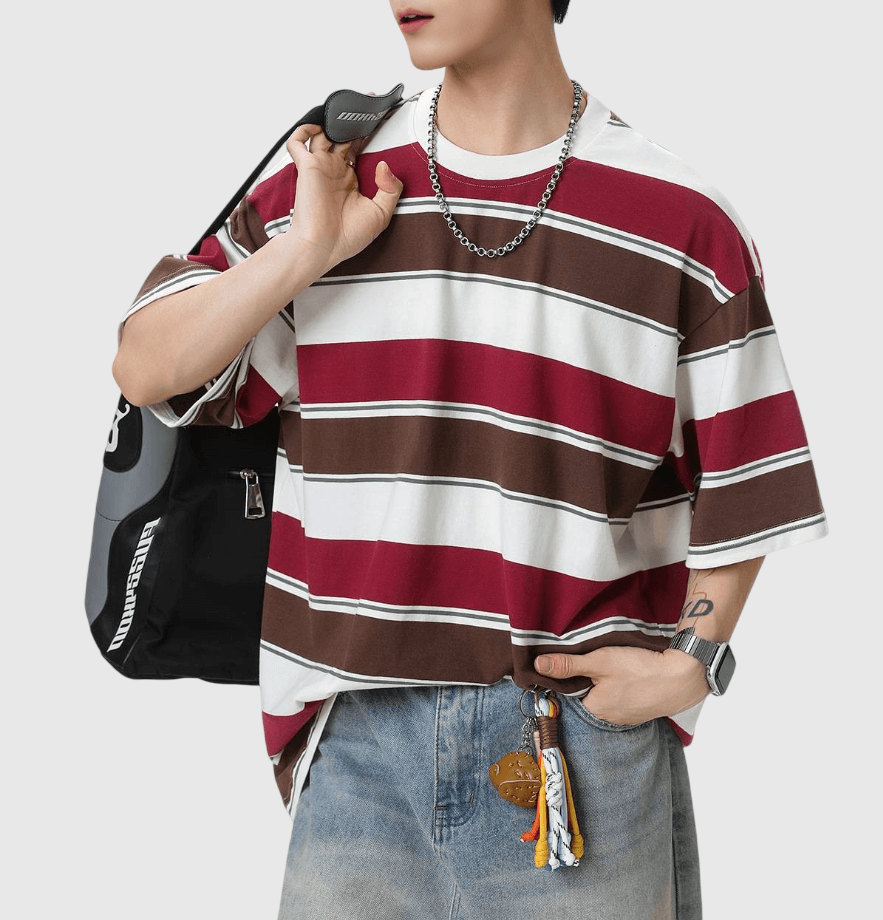 色系撞色橫間闊條紋設計 短袖 T-Shirt [SBT-1513]