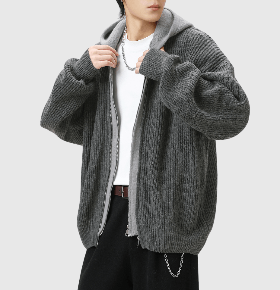 日系撞色層次假兩件式 粗線針織長袖外套 [SBO-1420]