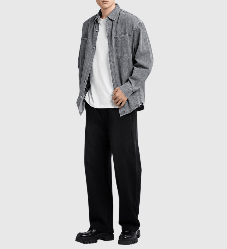 復古重工水洗雙前袋立體縫線工裝 長袖牛仔恤衫 [SBS-1384]