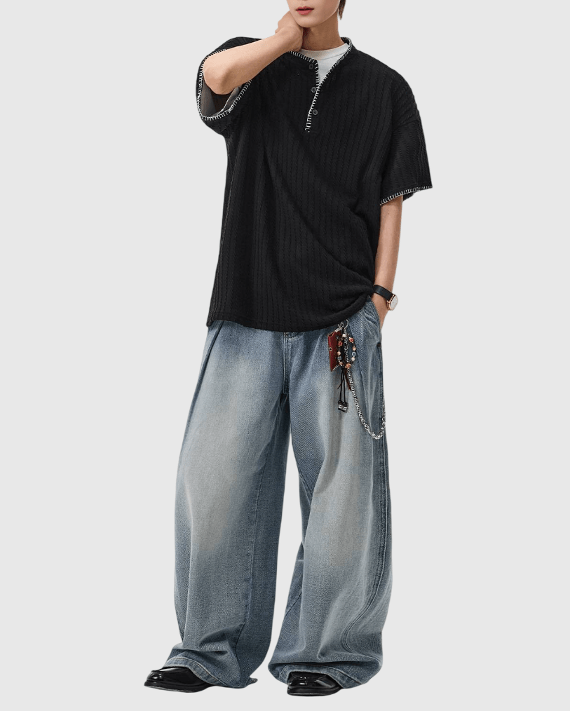 日系領口撞色手工縫線設計 半開領鈕扣短袖 T-Shirt [SBT-1481]