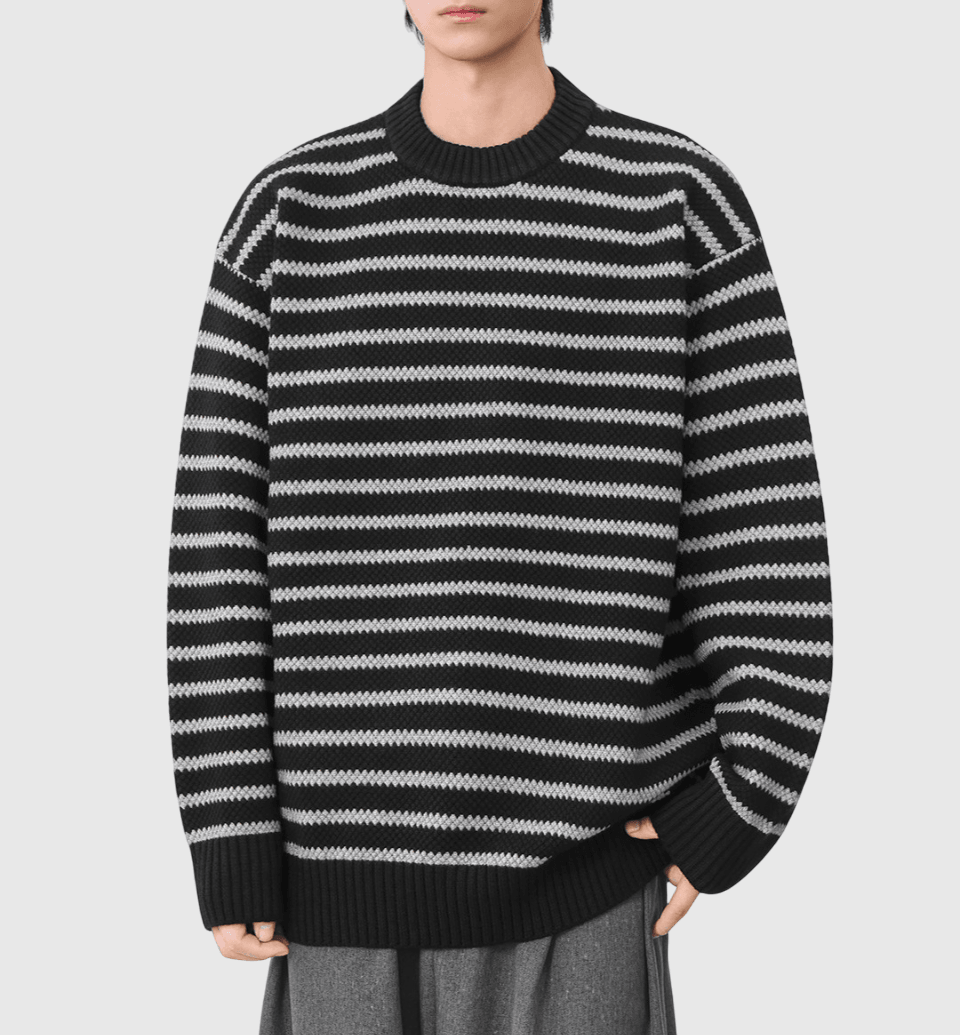 日系復古橫間條紋撞色 圓領針織毛衣 [SBK-1120]