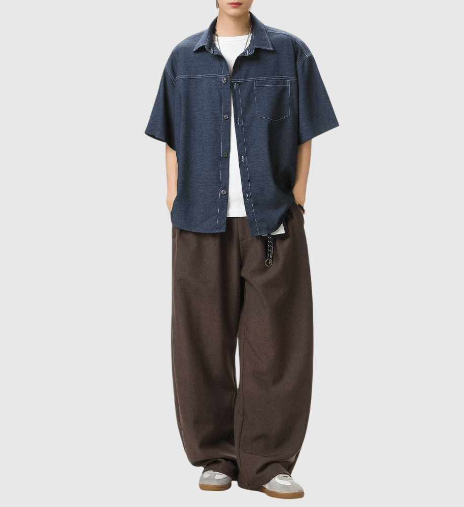 日系水洗撞色輯明線工裝 垂感透氣牛仔短袖恤衫 [SBS-1387]